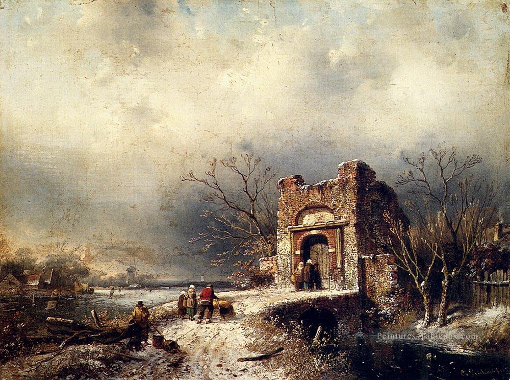 Villageois sur un chemin gelé paysage Charles Leickert Peintures à l'huile